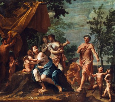 Apolo como pastor se acerca a las tres Gracias, con Venus, Cupido, amorcillos, Pan y los hijos de Pan de Marcantonio Franceschini